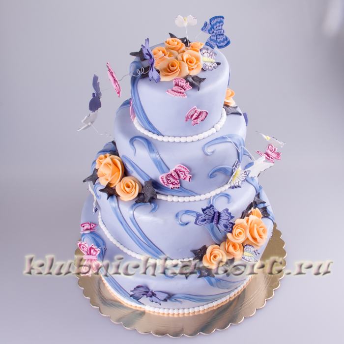 Свадебный торт  "Голубой с бабочками" 1575 руб/кг
